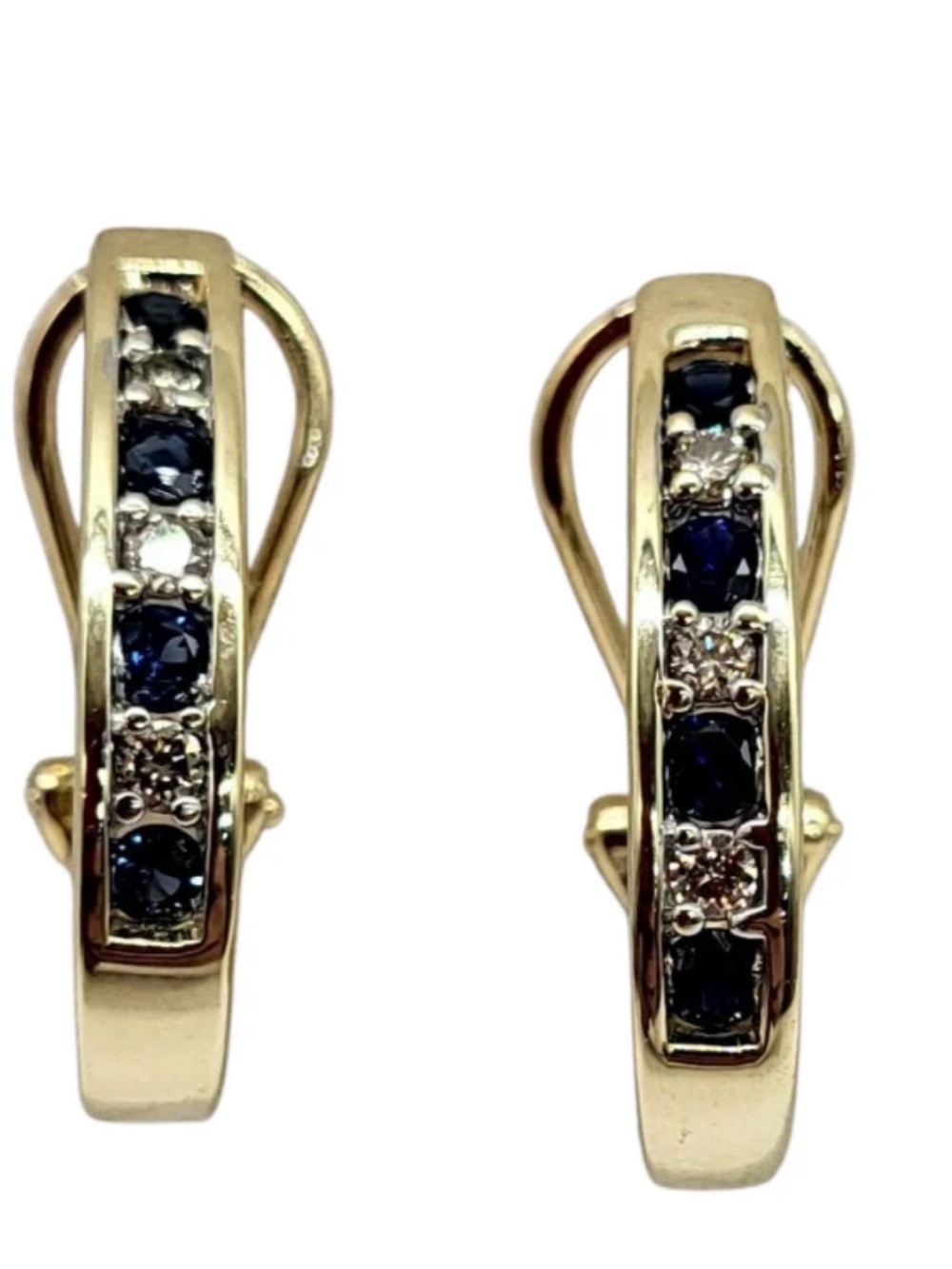 14k Yellow Gold Blue Sapphire and Diamond  Hoop Earrings with Omega Backs